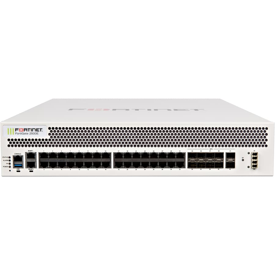 Fortinet FortiGate 2500E rack-mount firewall with 10 GE SFP+ ports and dual AC power supplies