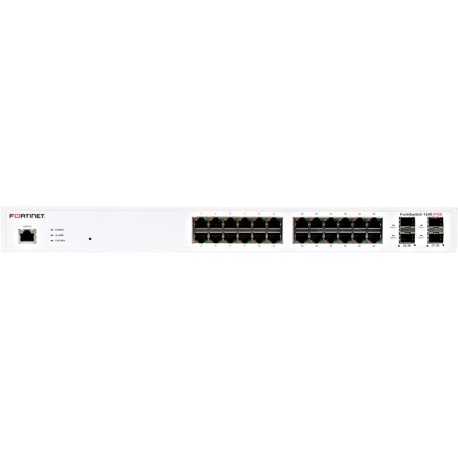 Fortinet FS-124E-FPOE 24-port managed PoE switch with 4 SFP uplinks