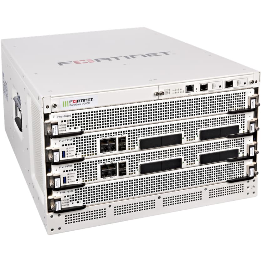 Fortinet FortiGate 7040E DC chassis with system management module, three fan modules, and three DC power supplies