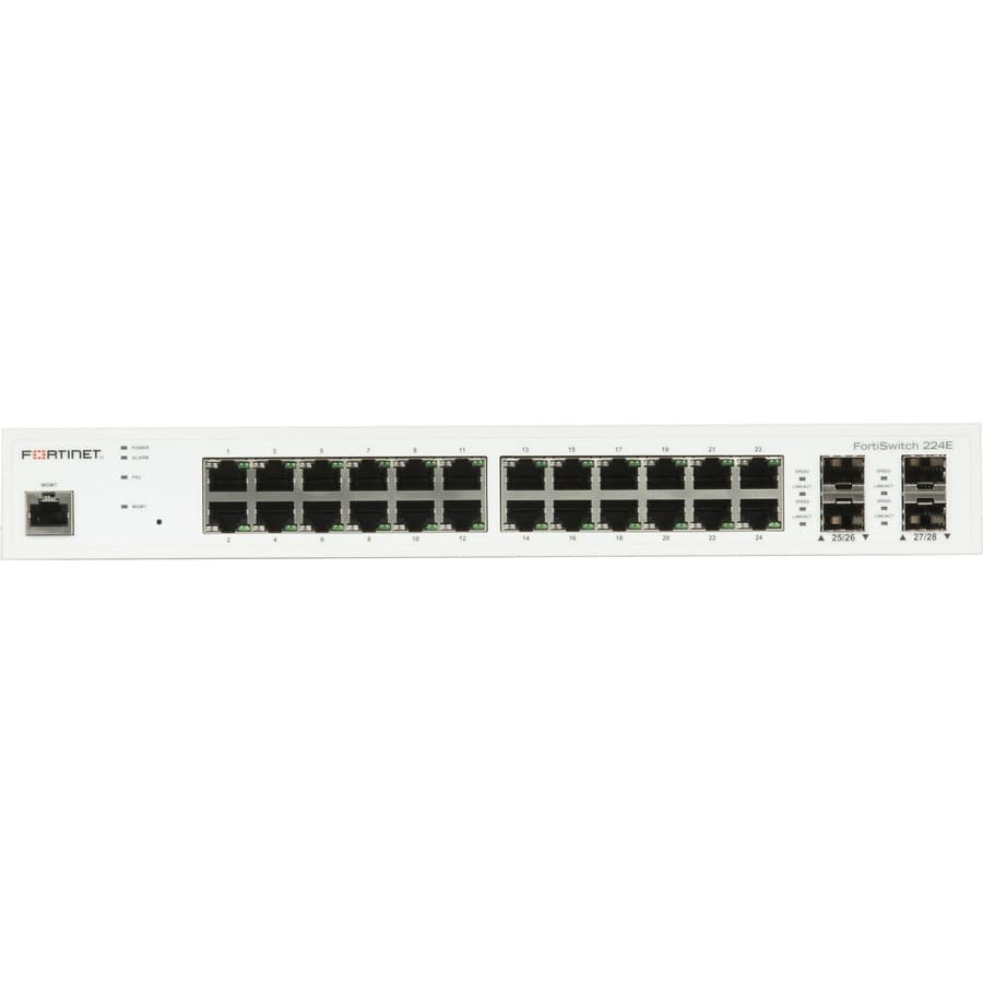 Fortinet FortiSwitch-224E managed Layer 2/3 switch with 24 GE RJ45 ports and 4 SFP uplinks