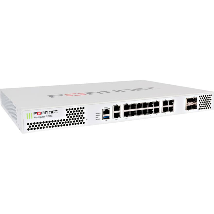 Fortinet FortiGate-200E firewall appliance with 18 RJ45 ports and 4 SFP slots