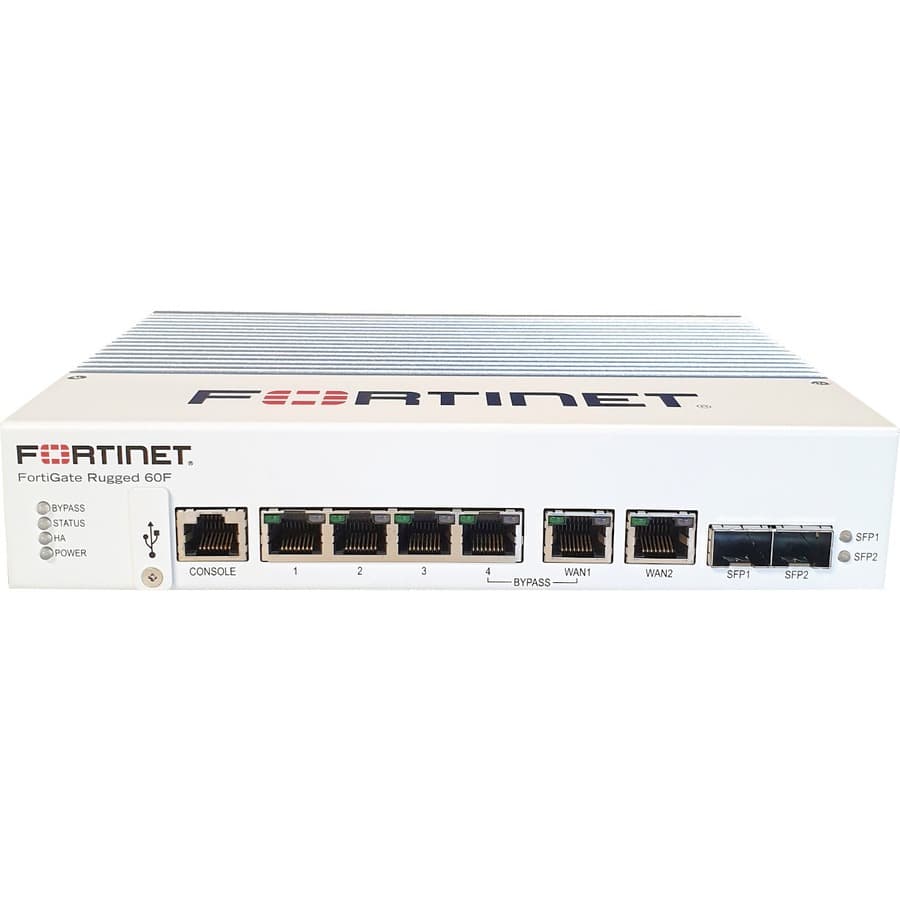 Fortinet FortiGateRugged 60F LENC ruggedized firewall with 4 GE RJ45 ports, 2 SFP slots, and DB9 serial