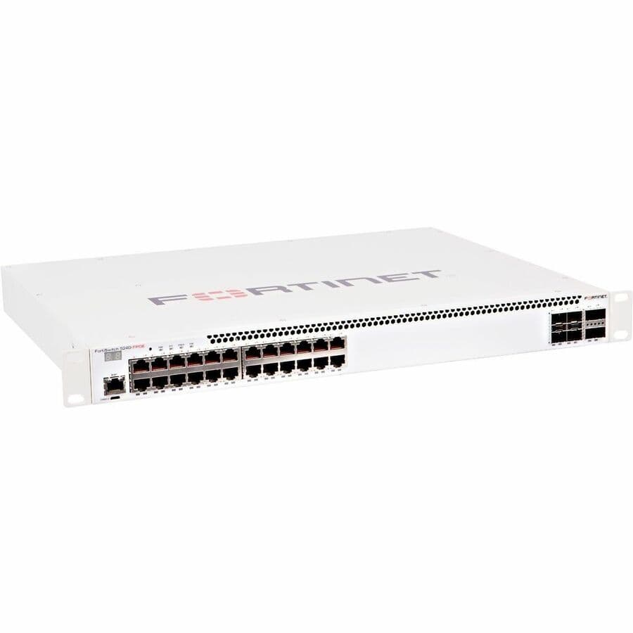 Fortinet FS-524D-FPOE 24-port PoE+ Layer 2/3 rack-mount switch with FortiLink support