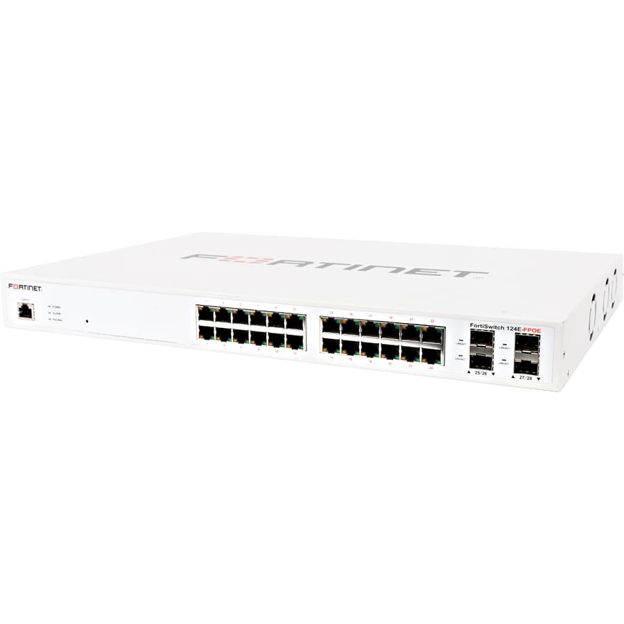 Fortinet FS-124E-FPOE 24-port managed PoE switch with 4 SFP uplinks