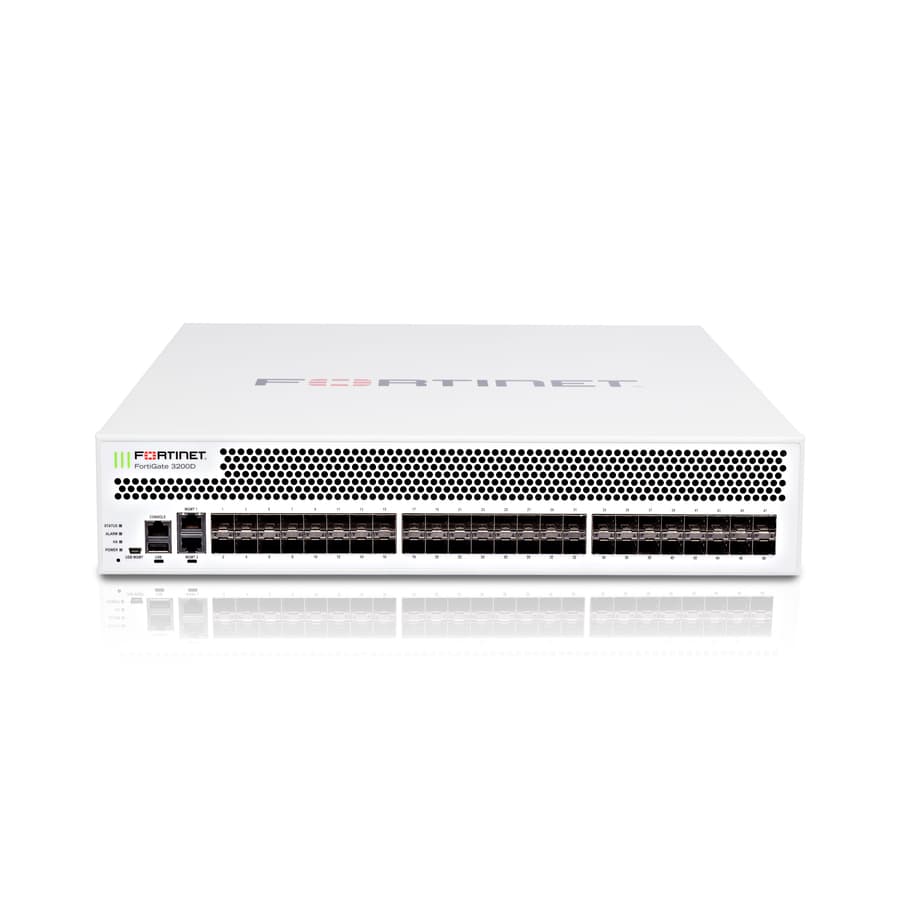 Fortinet FG-3200D 2U rack-mount firewall with 48 x 10GE SFP+ slots and 2 x GE RJ45 management ports