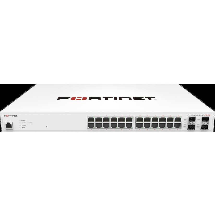 Fortinet FortiSwitch-224D-FPOE 24-port Gigabit PoE+ switch with 4 SFP uplinks and 370 W PoE budget