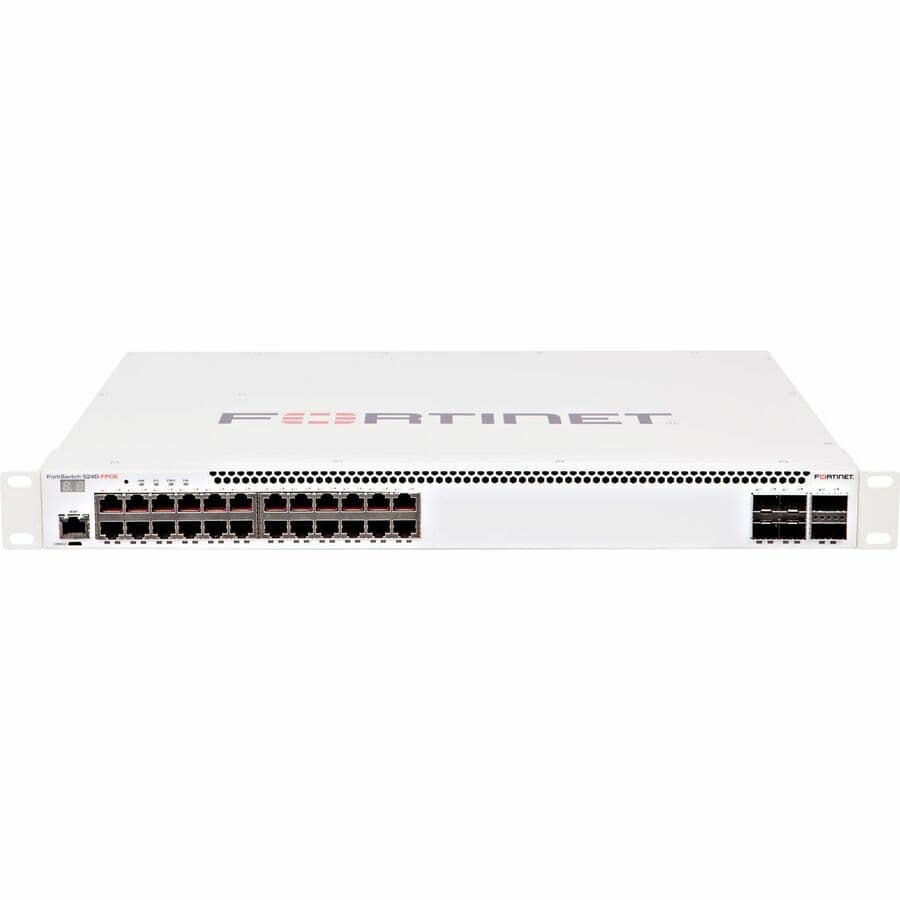 Fortinet FS-524D-FPOE 24-port PoE+ Layer 2/3 rack-mount switch with FortiLink support
