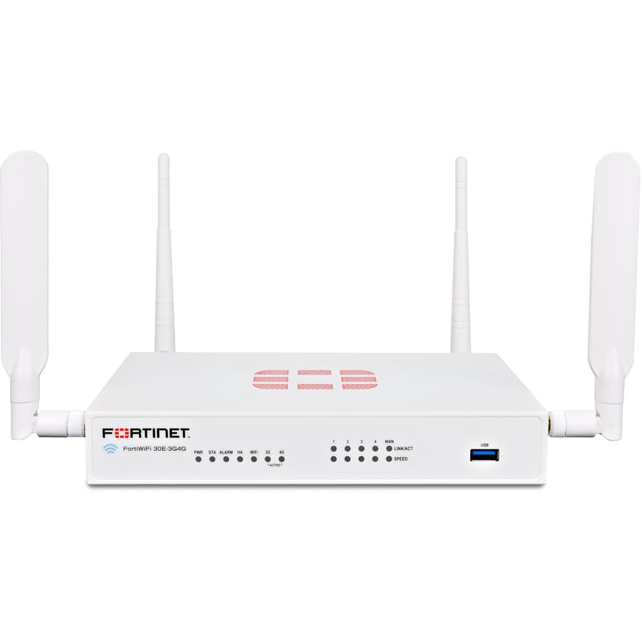 Fortinet FWF-30E-3G4G-NAM firewall with 5 Gigabit Ethernet RJ45 ports and embedded 3G/4G/LTE wireless WAN