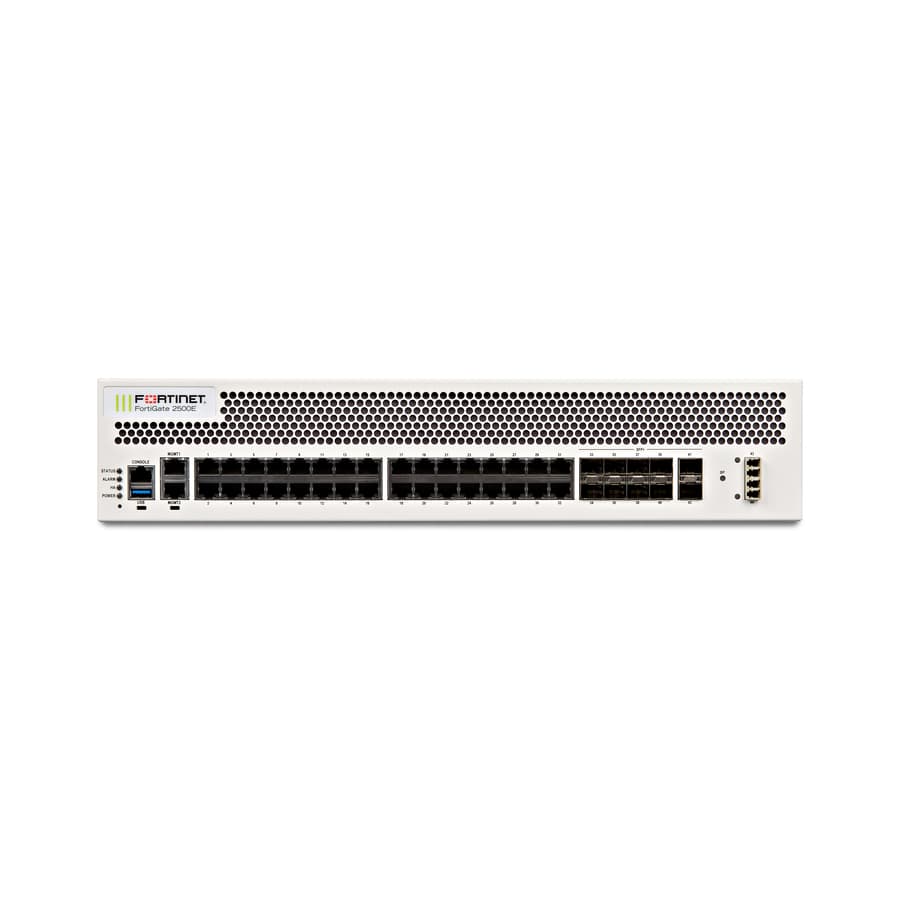 Fortinet FortiGate 2500E rack-mount firewall with 10 GE SFP+ ports and dual AC power supplies