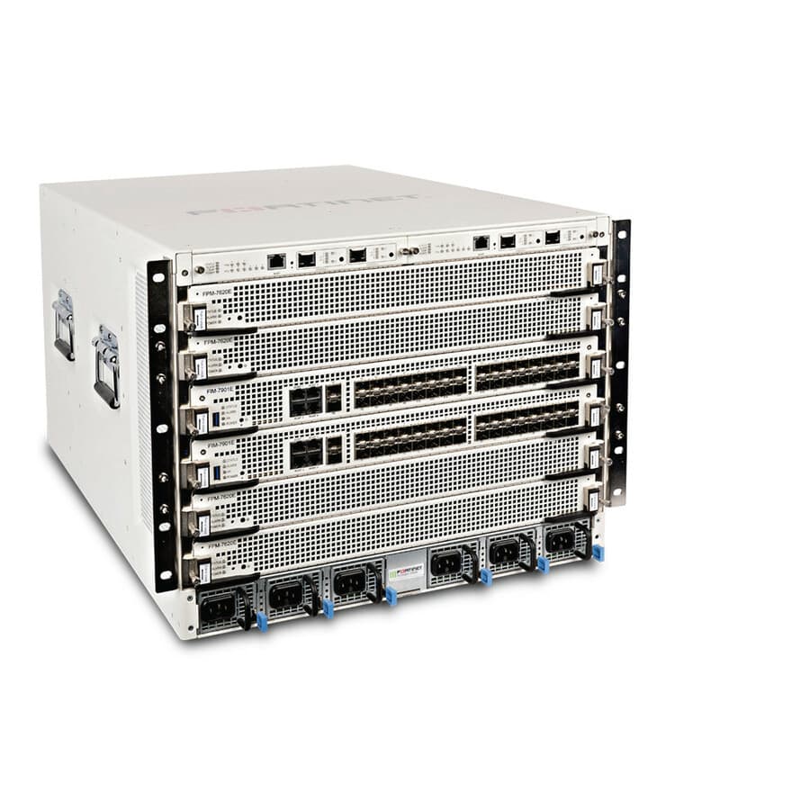 Fortinet FortiGate 7060E 8 modular 8U firewall chassis with processor modules and redundant power supplies