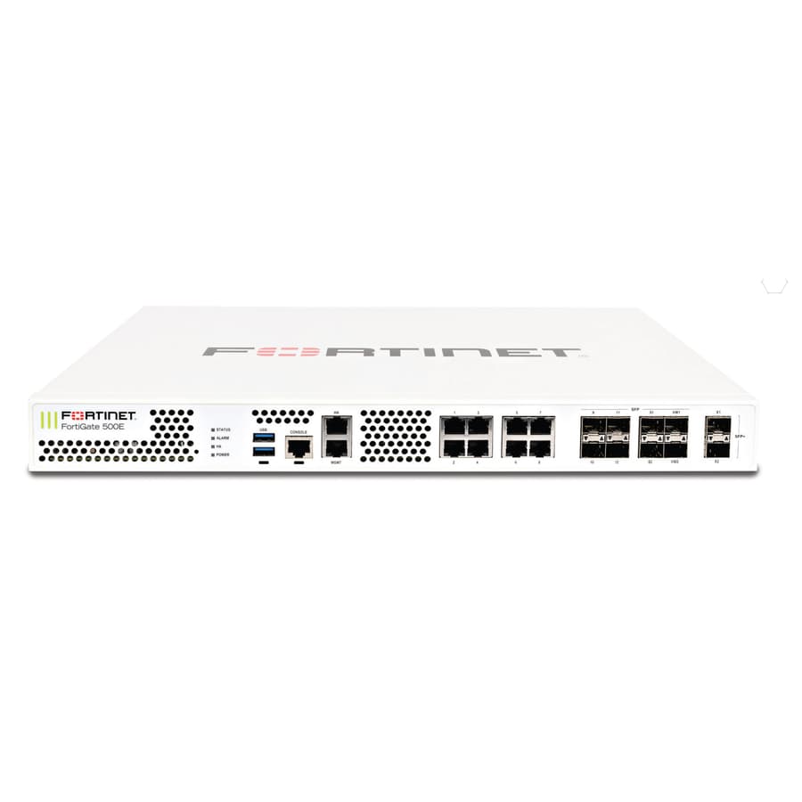 Fortinet FortiGate 500E firewall appliance with 8 SFP ports, 8 RJ45 ports, 2 USB ports, and 2 GE RJ45 interfaces