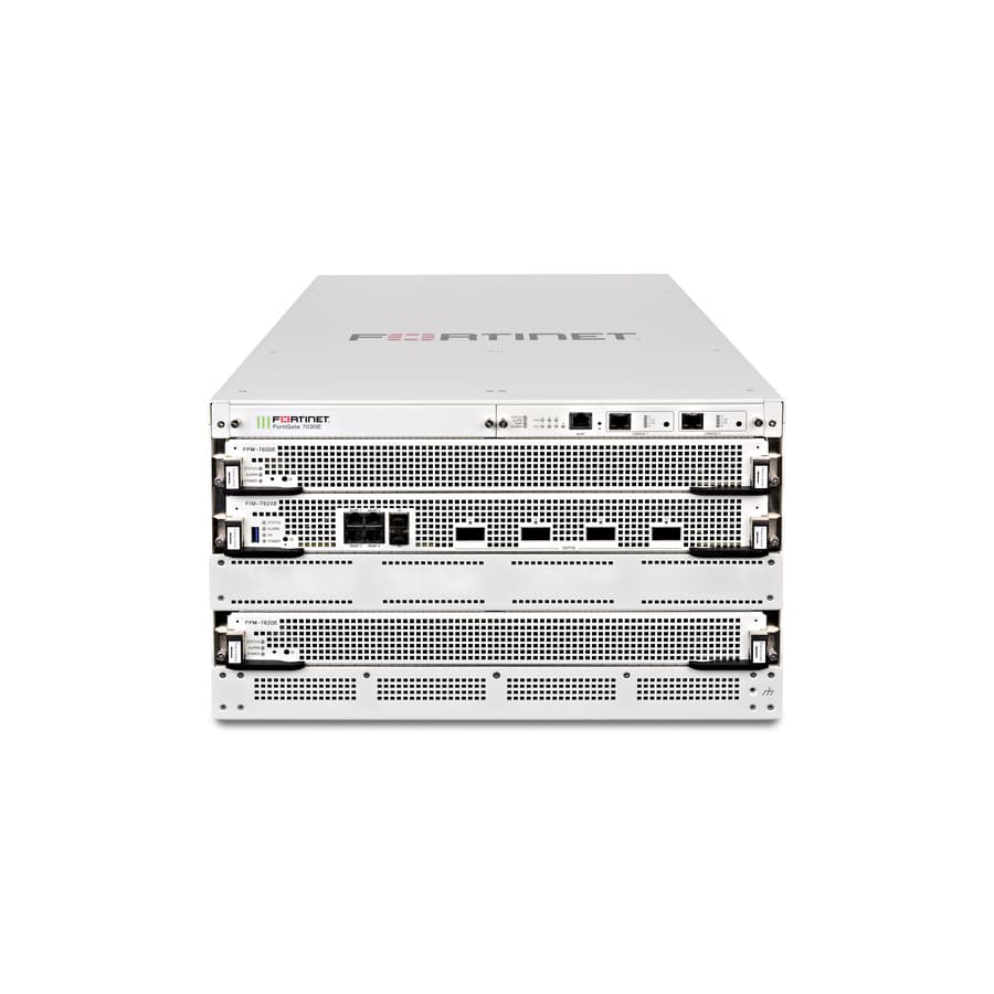 Fortinet FortiGate 7030E chassis with system management module, 3 fan modules, and 3 AC power supplies