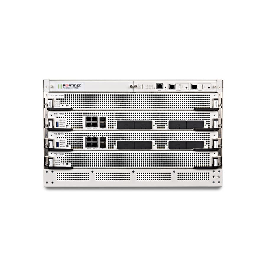 Fortinet FortiGate 7040E DC chassis with system management module, three fan modules, and three DC power supplies