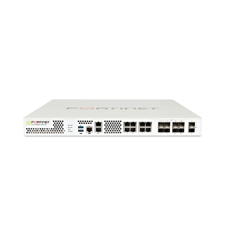 Fortinet FortiGate 601E rack-mount firewall with 10GE SFP+ slots, GE RJ45 ports, and SFP ports