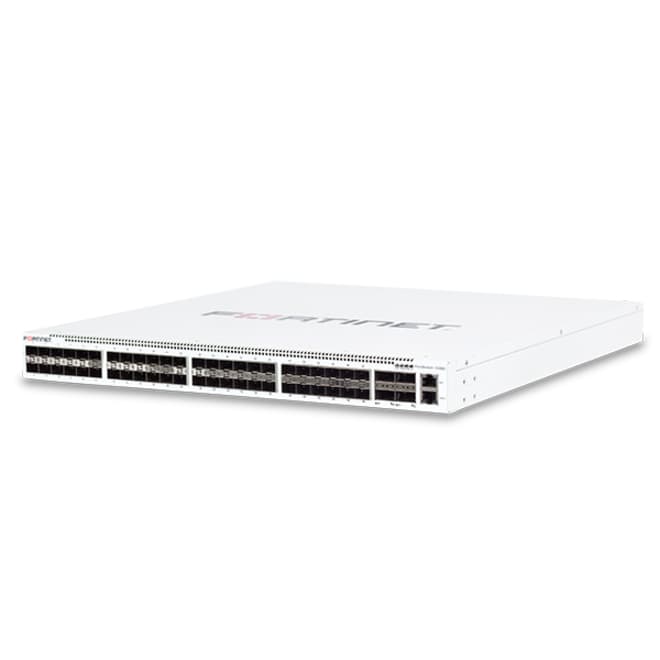 Fortinet FS-148E-POE Layer 2 managed PoE switch with 48 Gigabit Ethernet ports, 4 SFP uplinks, and 24 PoE ports