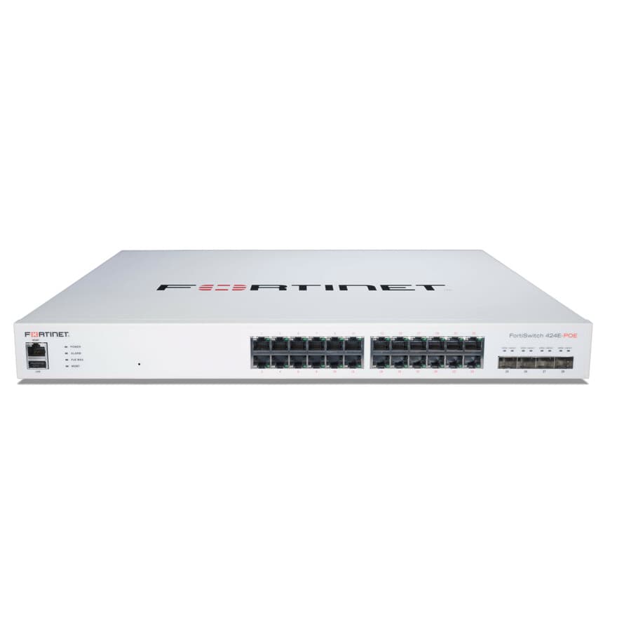 Fortinet FortiSwitch-424E-POE rack-mount PoE+ switch with 24 GE RJ45 ports and 4 x 10 GE SFP+ uplinks