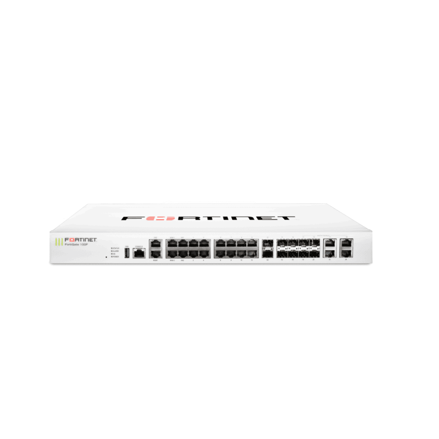 Fortinet FortiGate 100F LENC 1U rack-mount next-generation firewall with 22 GE ports and dual power supplies