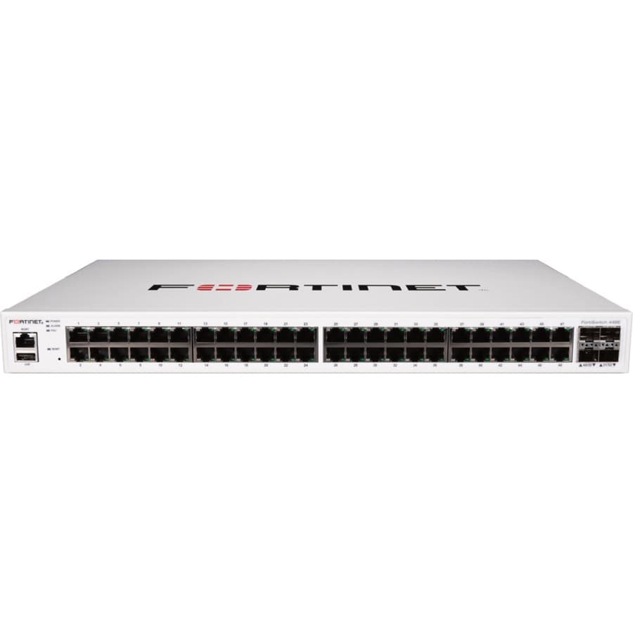 Fortinet FortiSwitch-448E managed Layer 2/3 switch with 48 GE RJ45 ports and 4 x 10 GE SFP+ uplinks
