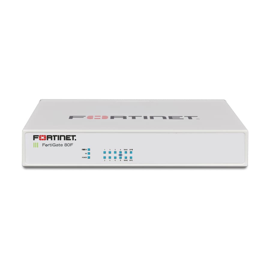 Fortinet FortiGate-80F desktop firewall appliance with 8 GE RJ45 ports and 2 shared RJ45/SFP WAN ports