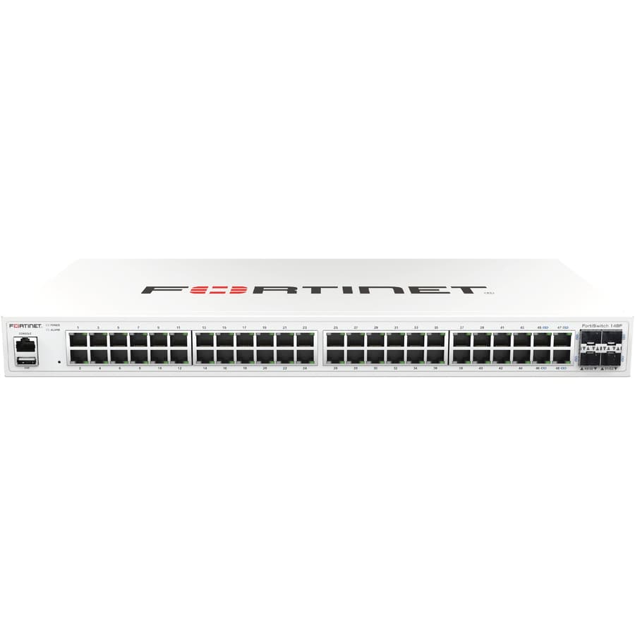 Fortinet FortiSwitch-148F 48-port Gigabit managed switch with 4 SFP+ uplinks and 1U rack-mount design