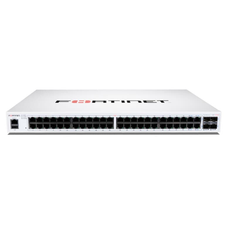 Fortinet FortiSwitch-148F-FPOE 1U rack-mount managed PoE switch with 48 Gigabit ports and 4 SFP+ uplinks