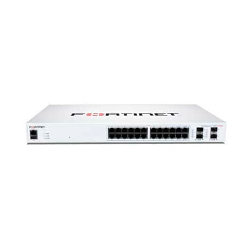 Fortinet FortiSwitch-124F-POE 1U rack-mount managed PoE switch with 24 Gigabit ports, 12 PoE+ ports, and 4 SFP+ uplinks