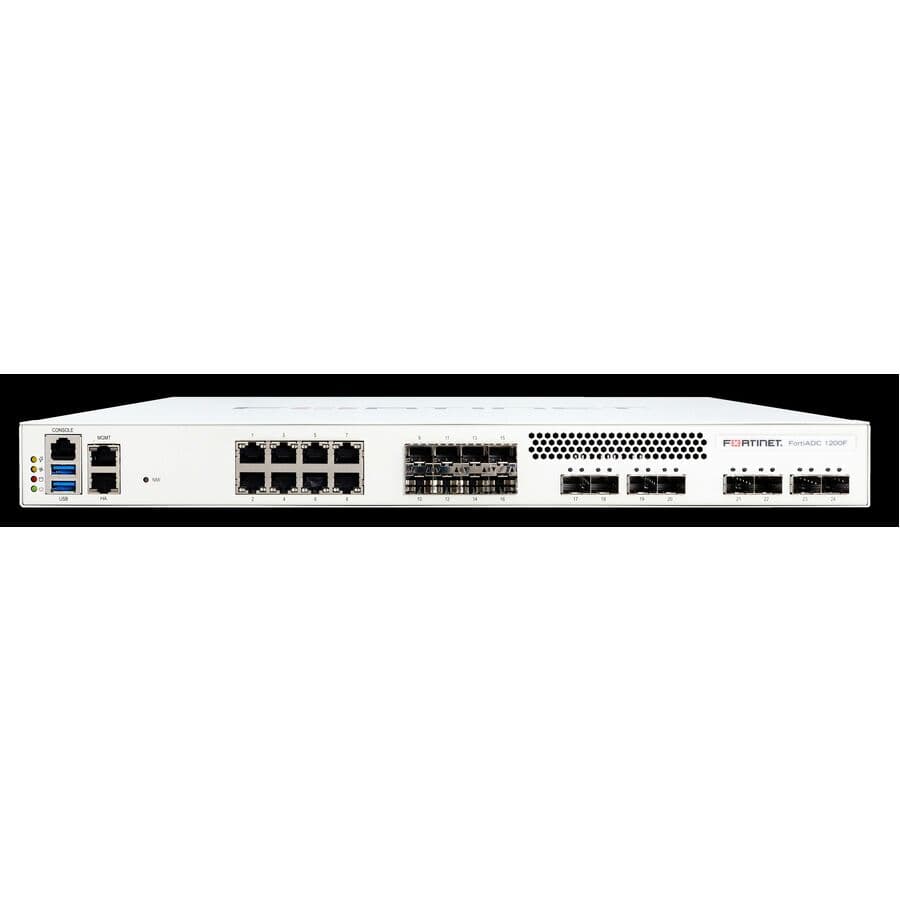 Fortinet FortiADC 1200F application delivery controller with 8 x 10GE SFP+, 8 x GE SFP, 8 x GE RJ45 ports, and dual AC power supplies