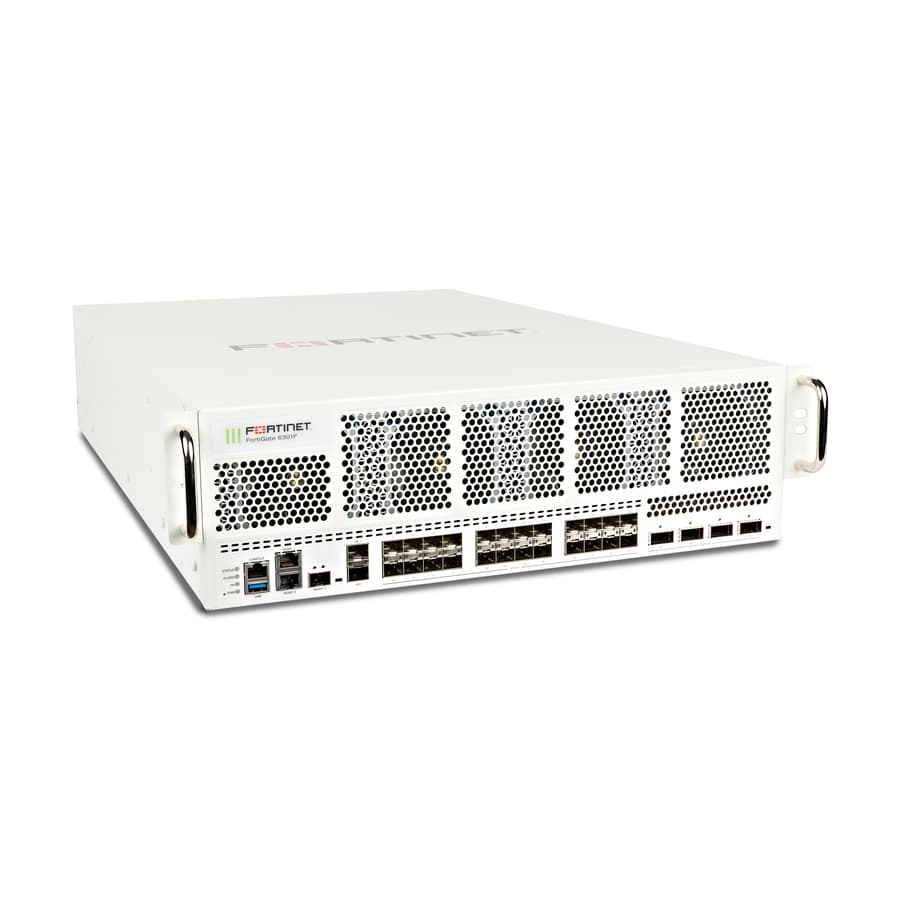 Fortinet FG-6301F-DC next-gen firewall with 4 x 40/100GE, 24 x 1/10/25GE, and 2 x 1GE ports