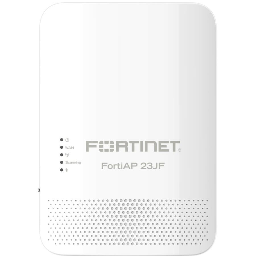 Fortinet FortiAP-23JF wall plate access point with tri-radio Wi-Fi 6, 4 RJ45 ports, BT/BLE, and included mounting kit