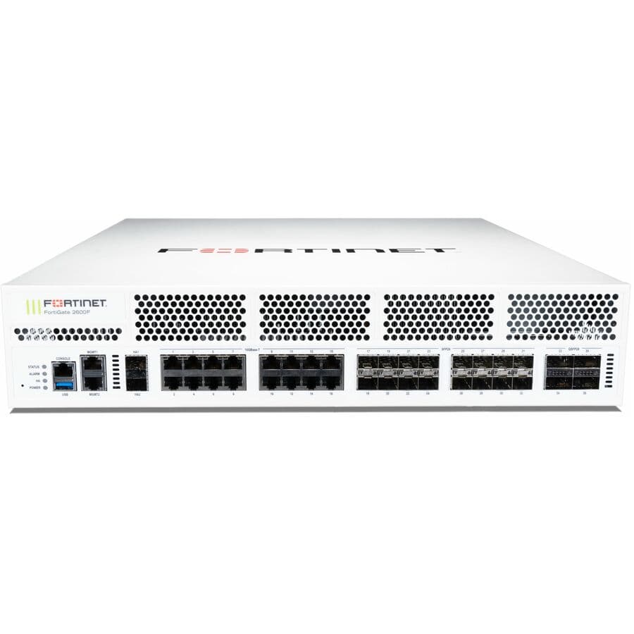 Fortinet FortiGate 2600F DC next-gen firewall with 100GE, 25GE, and 10GE ports