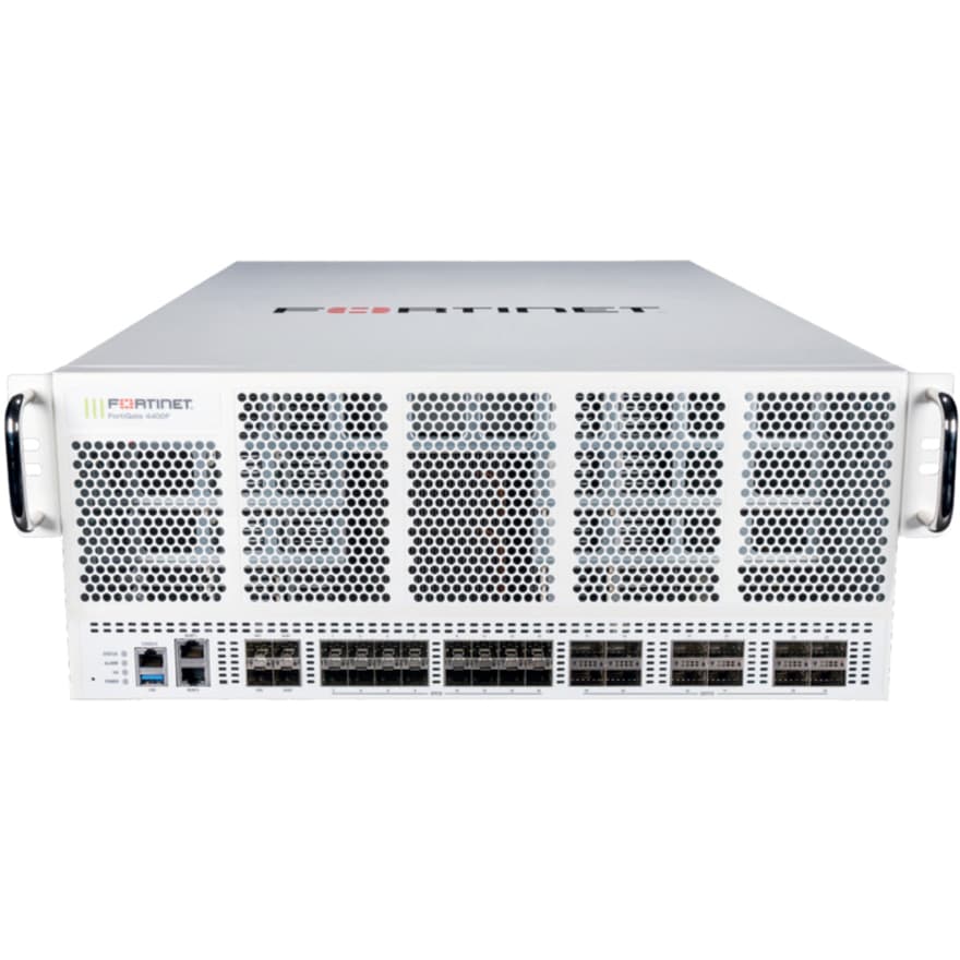 FortiGate 4401F DC rack-mount firewall with 12x 100GE QSFP28 slots, 18x SFP28 slots, and dual management ports