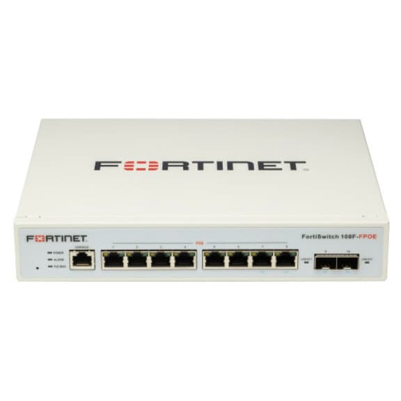 Fortinet FortiSwitch-108F-FPOE managed PoE switch with 8 Gigabit Ethernet ports and 2 SFP uplinks