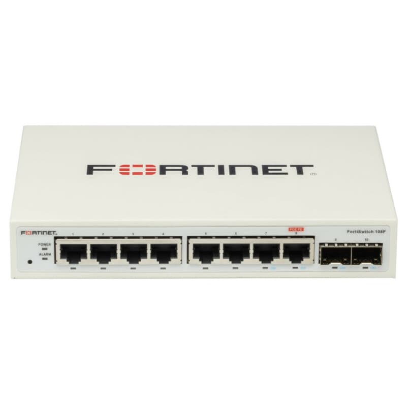 Fortinet FortiSwitch-108F fanless managed switch with 8 GE RJ45 ports and 2 SFP uplinks