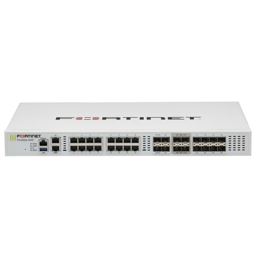 Fortinet FortiGate 400F rack-mount firewall with 18 RJ45 ports, 8 SFP slots, 8 SFP+ slots, and dual AC power supplies