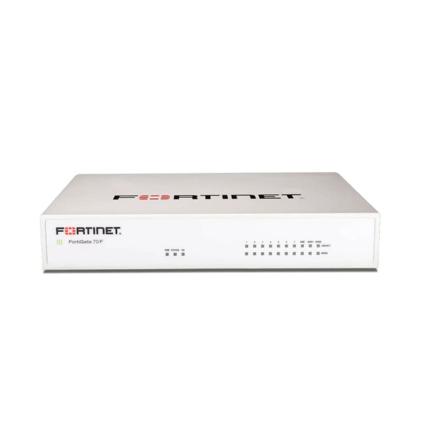 Fortinet FortiGate-70F firewall appliance with 10 GE RJ45 ports, 2 WAN ports, and 1 DMZ port