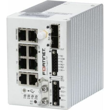 Fortinet FortiGate Rugged 70F firewall appliance with 4 LAN ports, 2 WAN ports, 2 SFP slots, and dual power inputs