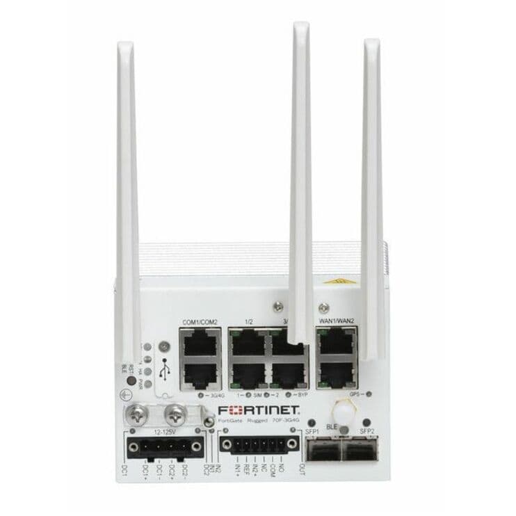 Fortinet FGR-70F-3G4G rugged firewall appliance with LTE, GPS, dual power inputs, and multiple Ethernet ports
