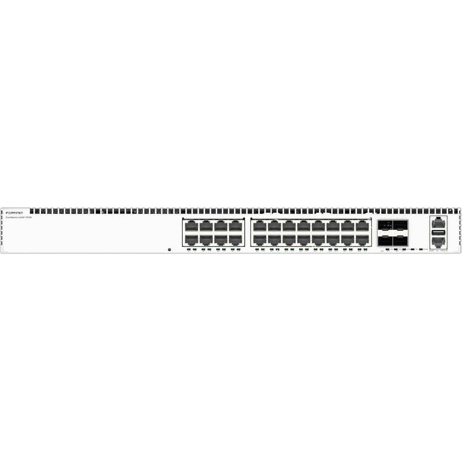 Fortinet FortiSwitch 624F FPOE managed PoE switch with 24 5G RJ45 ports and 4 25G SFP28 uplinks