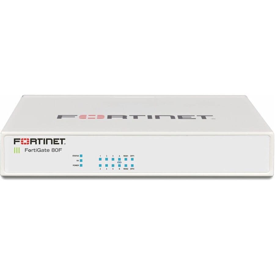 Fortinet FortiGate 80F DSL firewall appliance with 8 GE RJ45 ports and 2 shared WAN ports