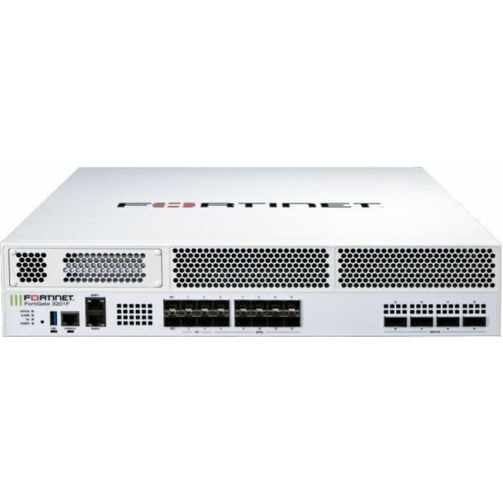 Fortinet FortiGate 3201F next-gen firewall with 400 GE QSFP-DD, 50 GE SFP56, and dual AC power supplies