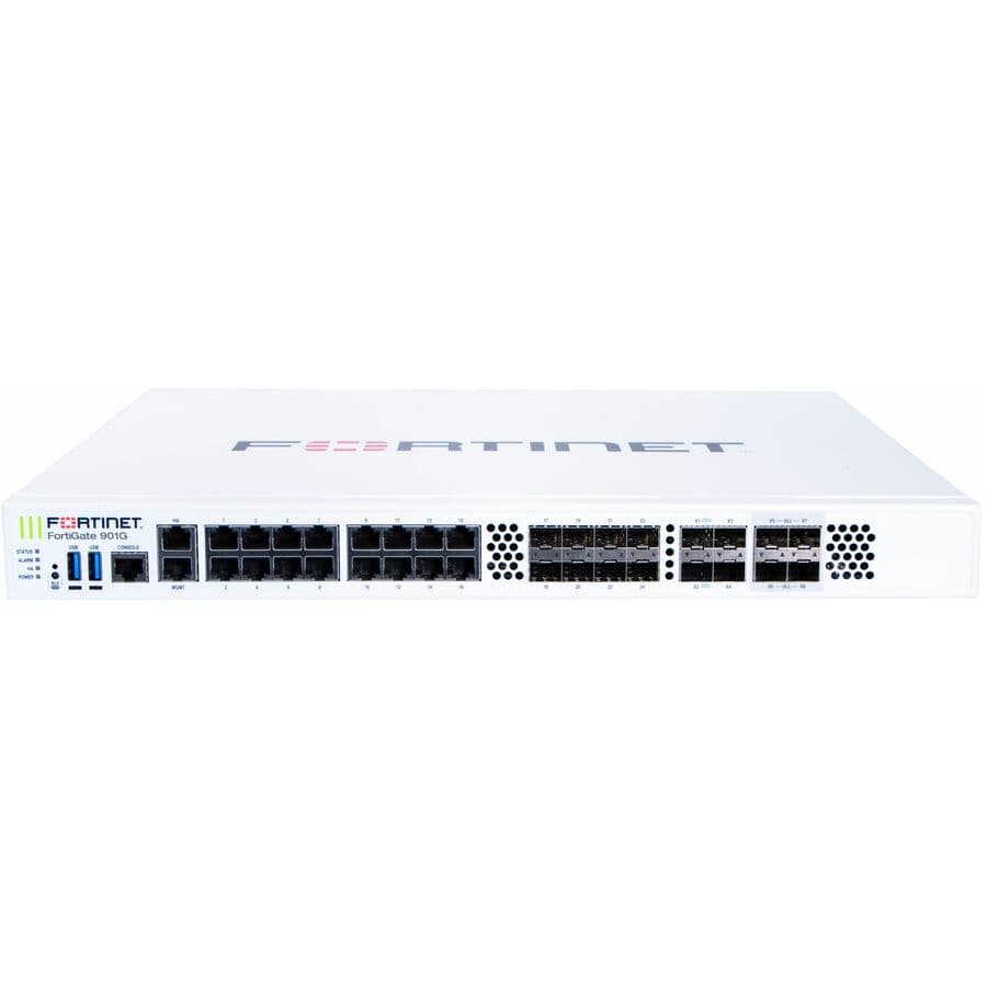 Fortinet FortiGate 901G enterprise firewall with 25G SFP28, 10GE SFP+, GE ports, dual AC PSU, and onboard SSDs