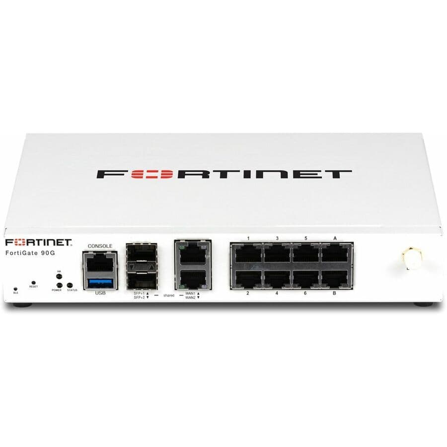 Fortinet FortiGate-90G desktop firewall appliance with 8 GE RJ45 ports and 2 10GE RJ45/SFP+ shared WAN ports