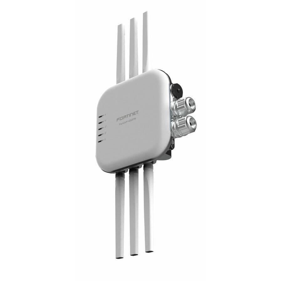Fortinet FortiAP 432FR outdoor access point with UL Class 1 Division 2 certification, external antennas, and PoE injector