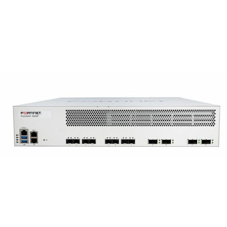 Fortinet FortiADC 4200F DC application delivery controller with 4 x 40GbE QSFP+, 8 x 10GbE SFP+, and dual DC power supplies